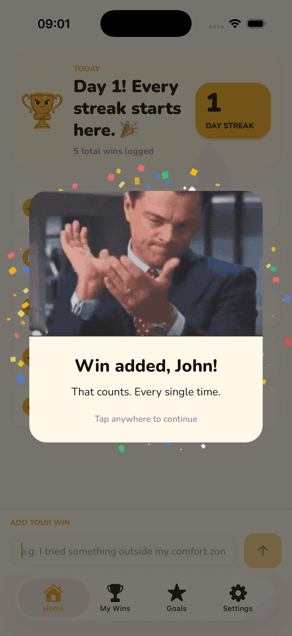 Winny's celebration modal: 'Win added, John! That counts. Every single time.' with confetti.