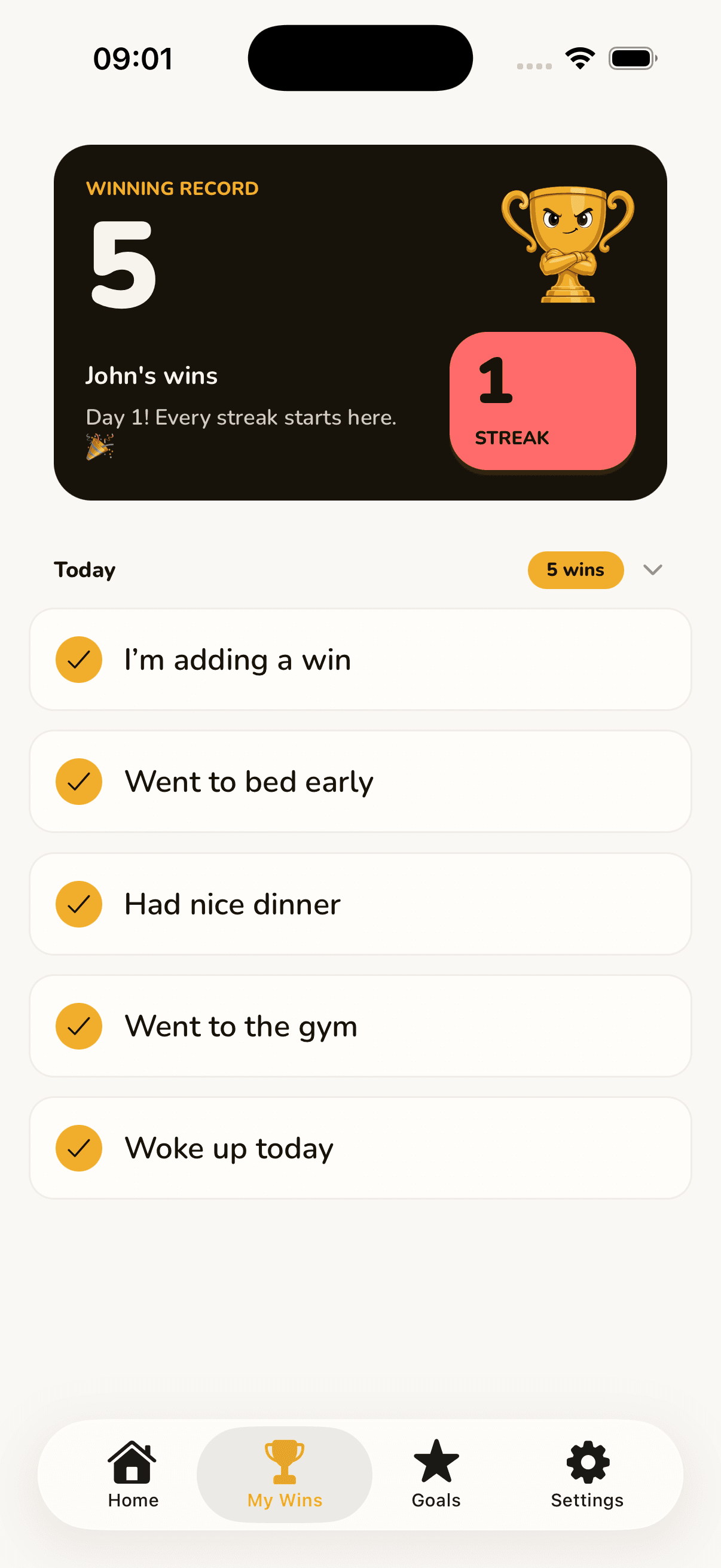 Winny's My Wins screen, with an oversized gold 5 — five wins logged today.