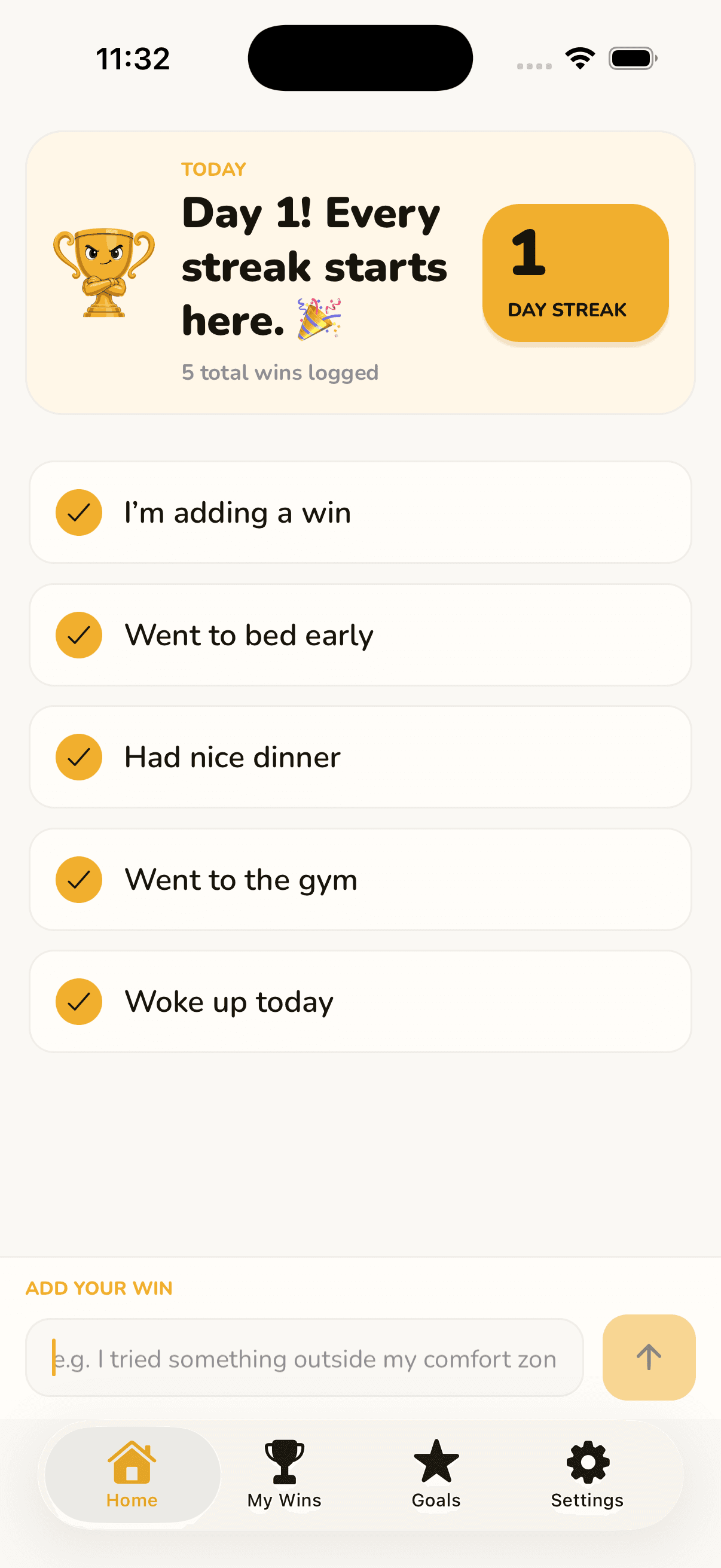 Winny's Home screen on day 1: five wins logged today, listed in a scrollable stack.